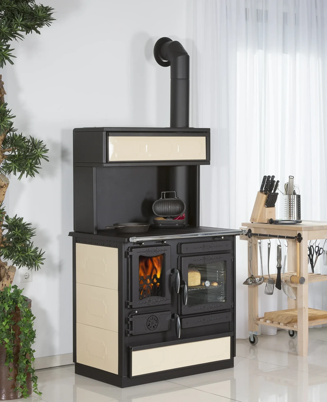 Globe Fire Alhena 6.6 kw creme mit Aufsatz Küchenherd mit Backofen