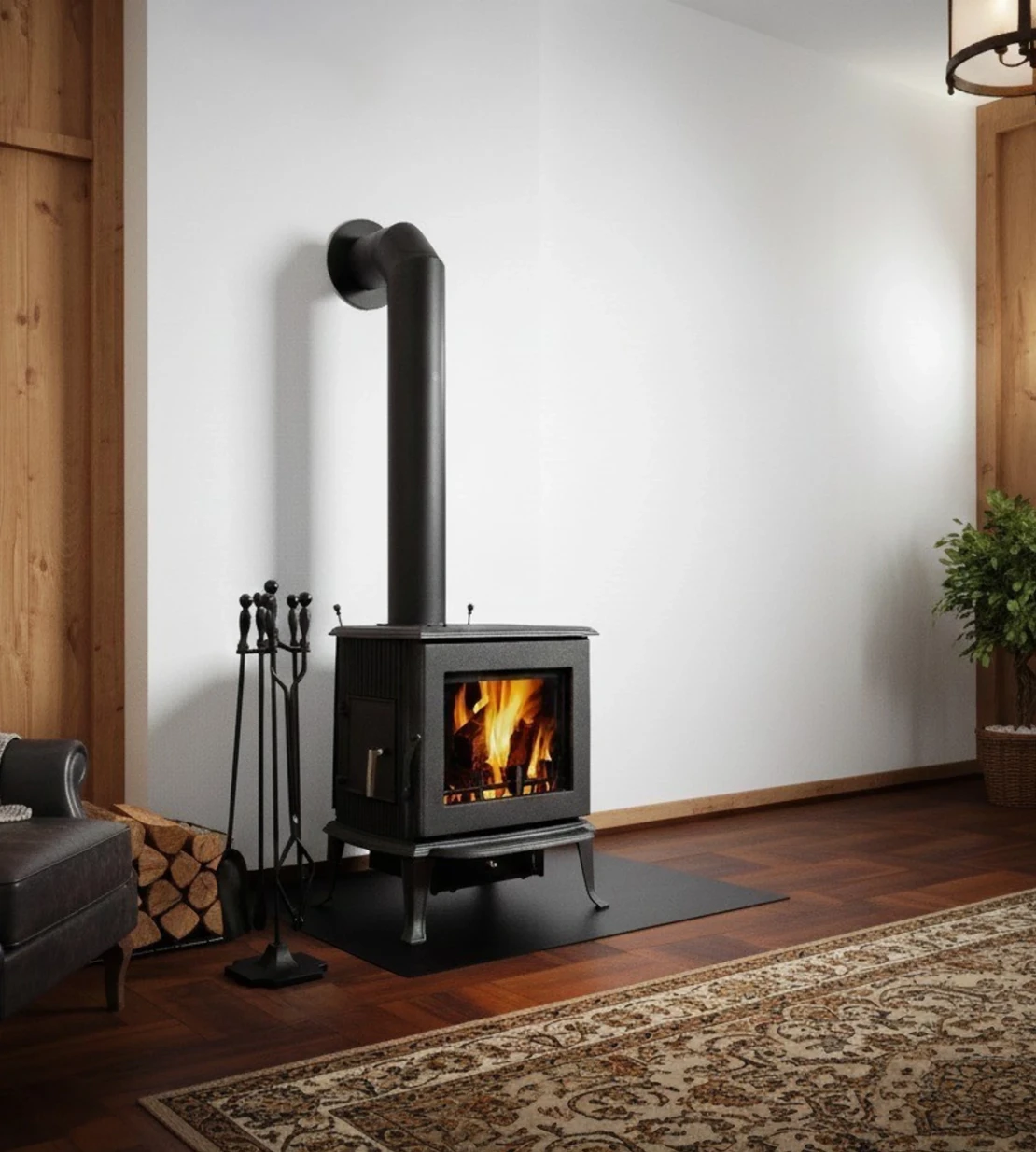 Globe Fire Jupiter 7.7 kW Kaminofen aus Gusseisen aufgestellt in einem Wohnzimmer