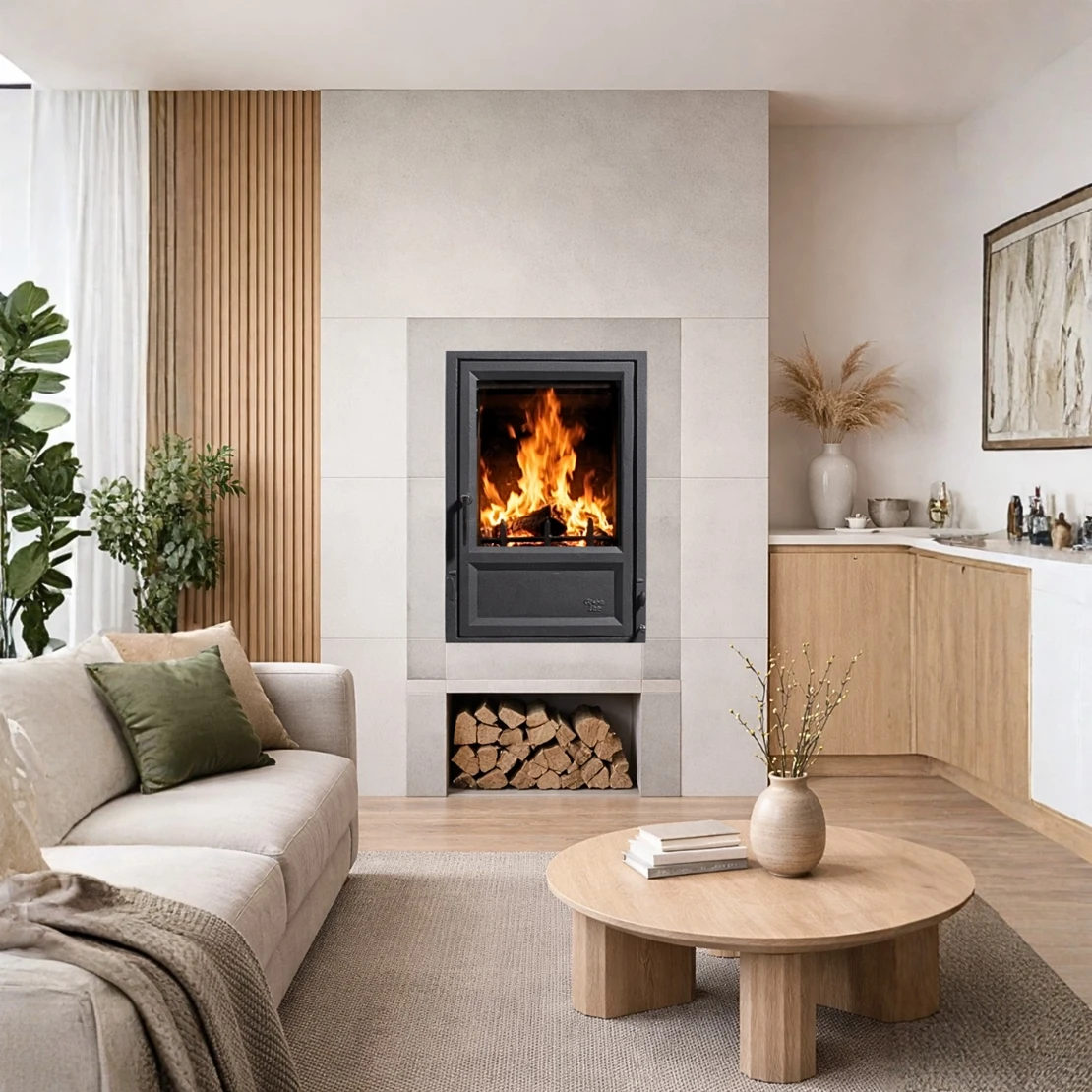 Globe Fire Luna 7,9 kW Heizeinsatz eingebaut als Wandofen
