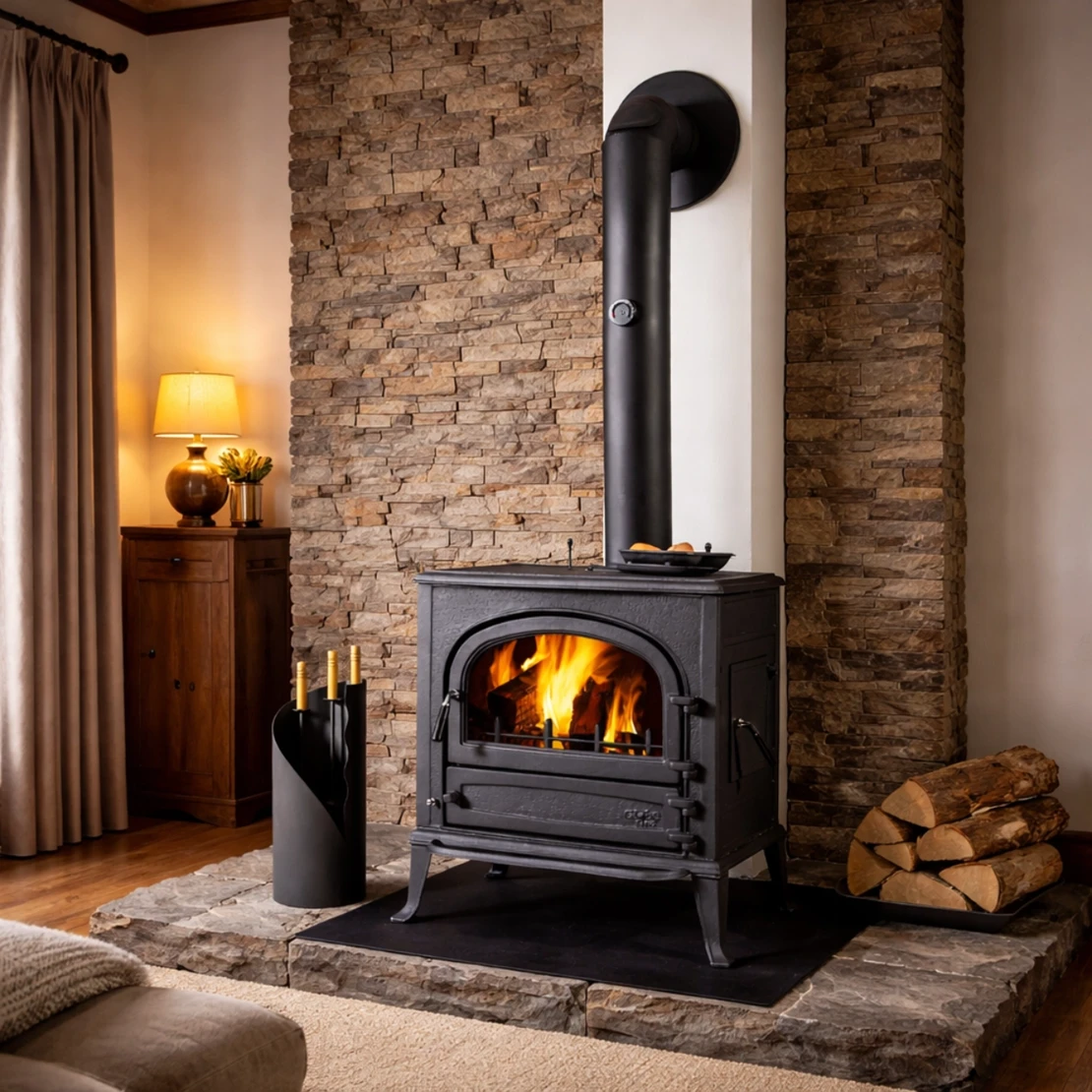 Globe Fire Neptune 9.2 kW kaminofen aus Gusseisen vor einer Steinwand im Wohnzimmer