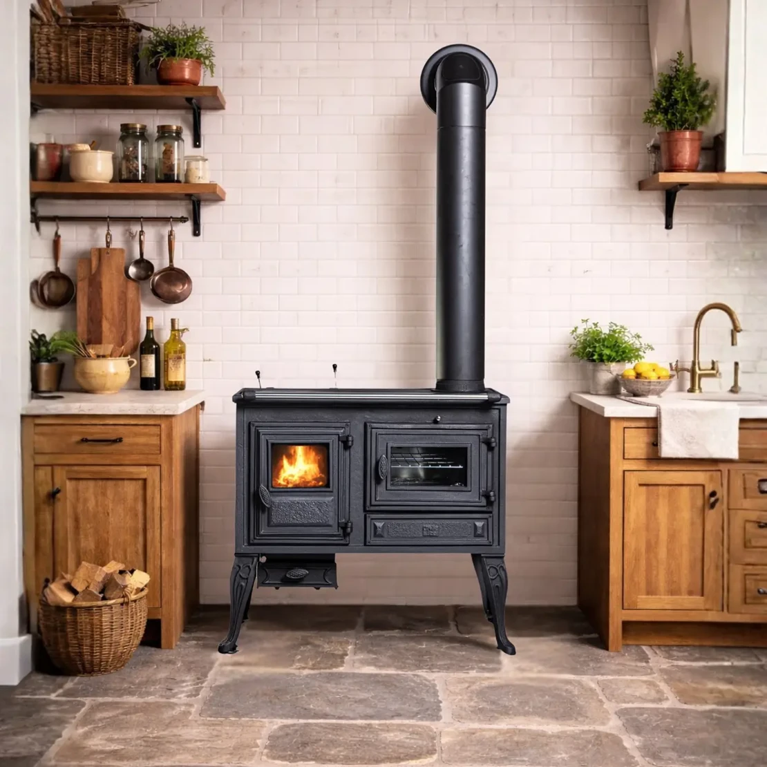 Globe Fire Titan 8.8 kW Holzherd mit Backofen angeschlossen in einer Küche